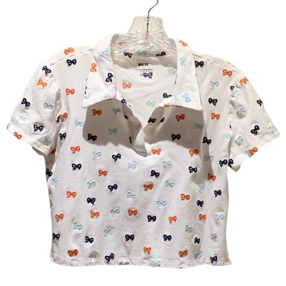 Maeve Anthropologie Polo Shirt Womens L Embroidered Bow Cropped Tennis Prep